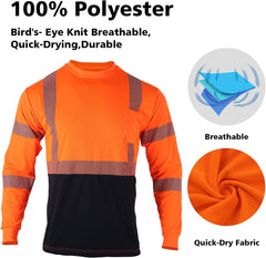 Safety Reflective High Visibility Long Sleeve Shirts ANSI Class 3 Hi Vis Construction Work T Shirts for Men
