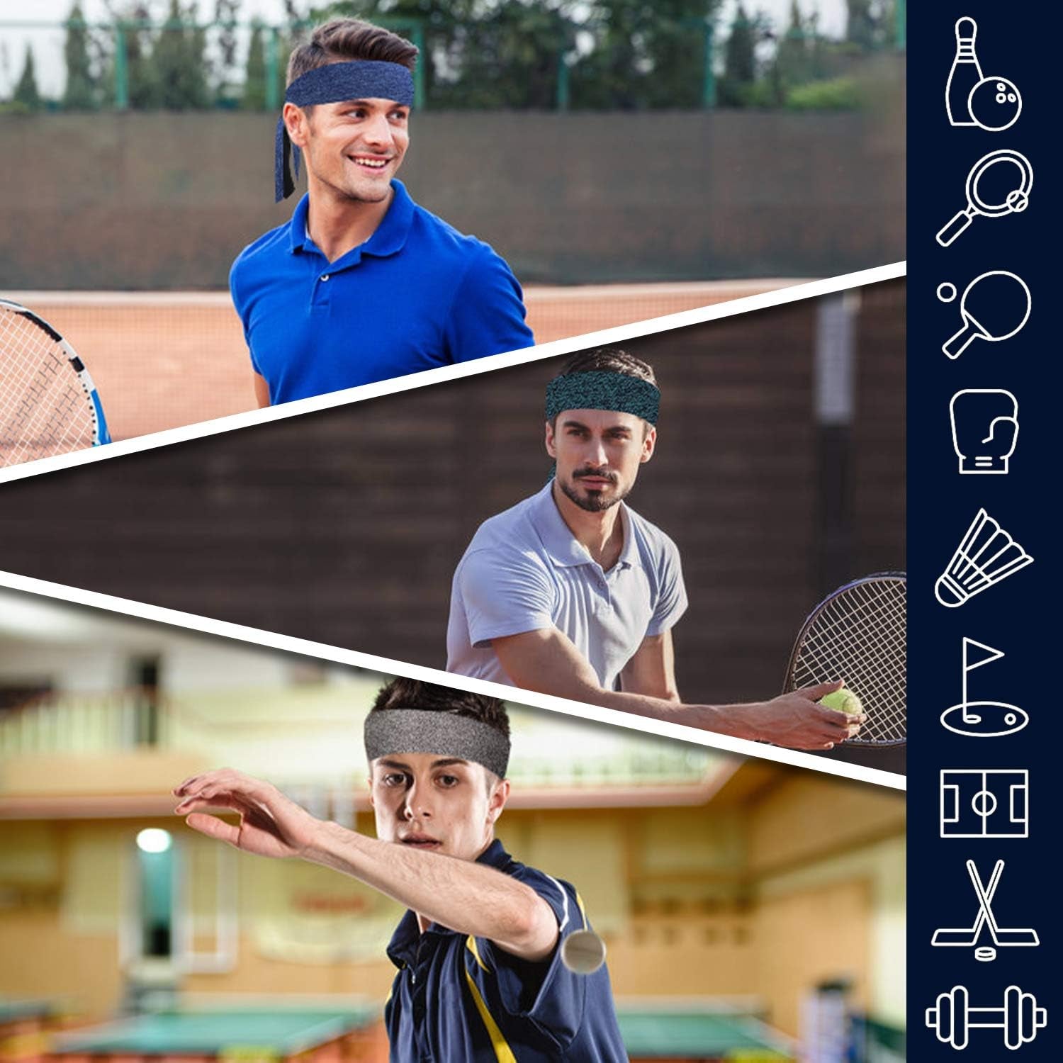 Headbands for Men, 3-Pack Men'S Head-Ties, Breathable Headbands for Tennis, Running, Sweat-Wicking Non Slip