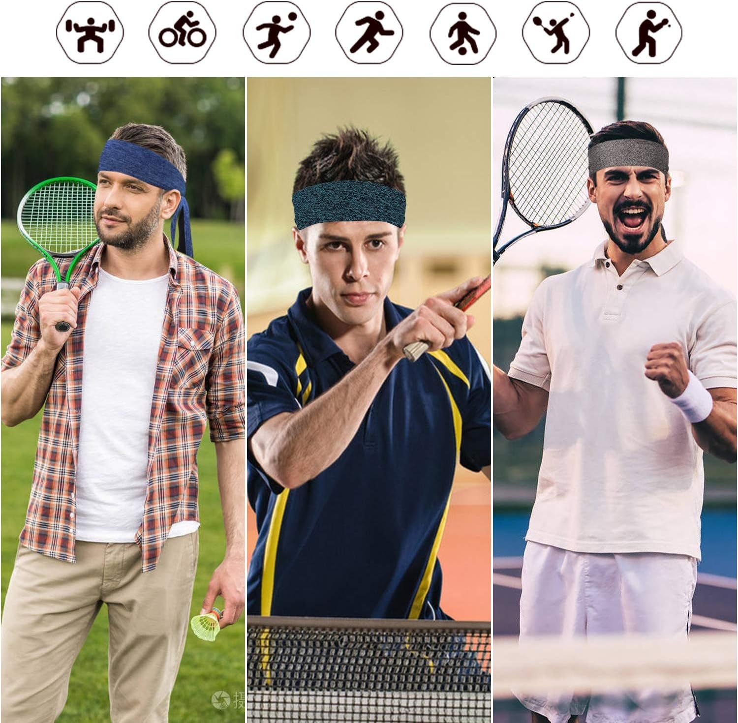Men'S Headbands, 3-Pack Head Ties, Non Slip Sweat-Wicking Headbands for Running, Tennis, Hairband for Women & Men