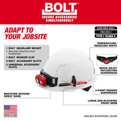 BOLT White Type 1 Class C Front Brim Vented Hard Hat W/4 Point Ratcheting Suspension W/600 Lumens Rechargeable Headlamp